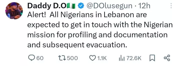 FG plans evacuation of Nigerians in Lebanon as Iran fires missiles at Israel