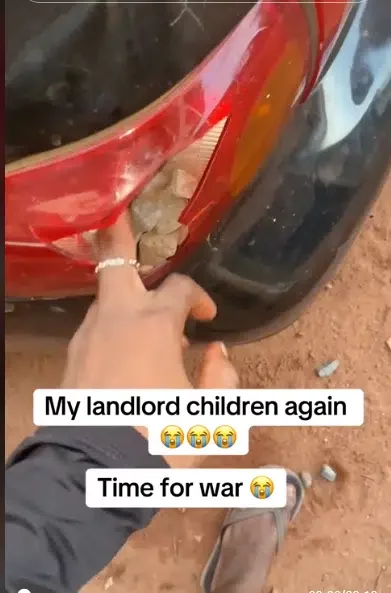Man fumes as he discovers landlord's kids have broken and filled his car's rear light with stones