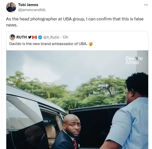 UBA photographer reacts to rumors of Davido being their new brand ambassador