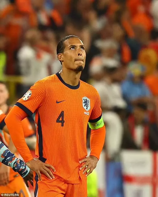 Virgil's Spanish getaway comes as the Netherlands captain's future at Liverpool is becoming increasingly under doubt, with his £220,000-a-week contract expiring next summer (pictured last week after Euros semi-final loss)