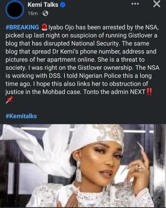 Iyabo Ojo arrested, suspected to be Gistlover - Kemi Olunloyo uncovers; the Actress responds with live video