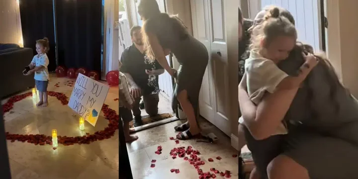 Heartwarming moment as little girl helps father propose to mother in viral video