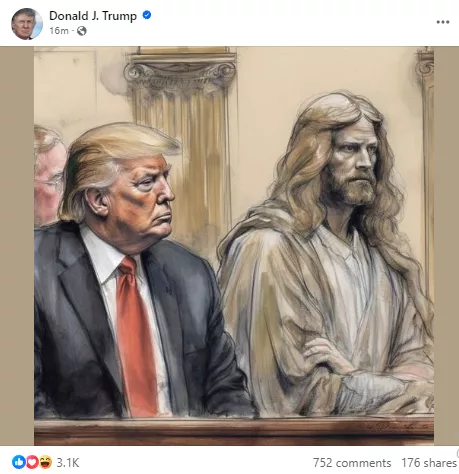 Again, Trump shares court sketch of him sitting next to "Jesus"