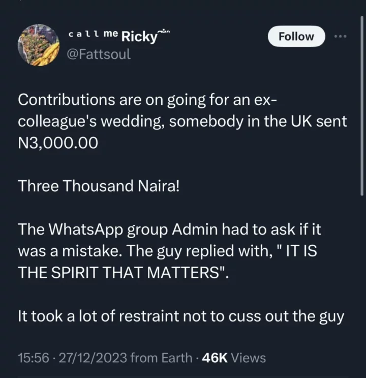 Man boils in anger as UK friend contributes 'only' 3 thousand Naira for their colleague's wedding