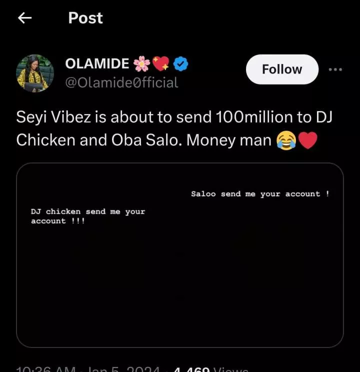 'Send me your account' - Seyi Vibez allegedly set to gift TikTokers, DJ Chicken, and Oba Salo ₦50 million each