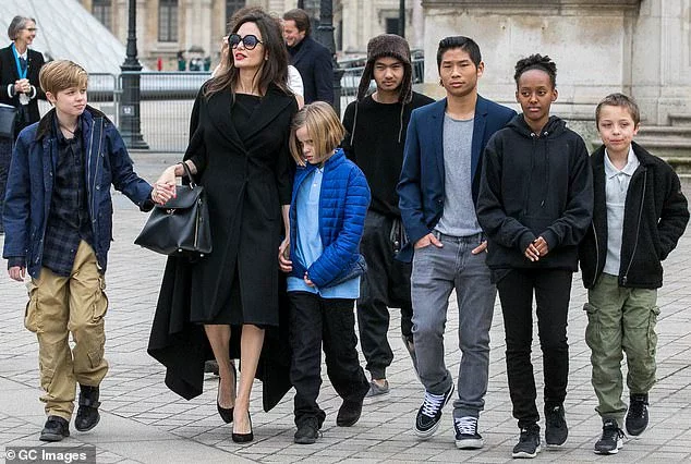 The former couple conceived three children - Shiloh, 18, and twins Knox and Vivienne, 16 - and also adopted Maddox, 23, Pax, 21, and Zahara, 19; Jolie pictured with all six children in 2018 in Paris