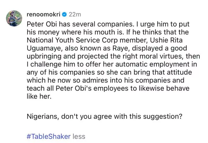 I challenge you to offer her employment in your company - Reno Omokri tells Peter Obi after he drummed support for Corps member who called out President Tinubu over prevailing hardship