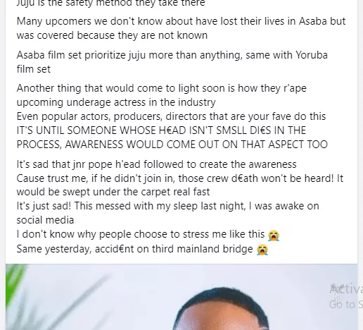 Lady exposes Asaba film sets as she details alleged reckless practices during movie shoots