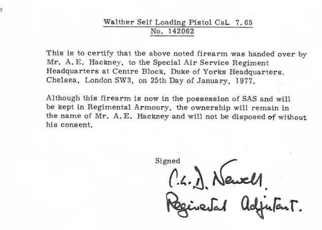 Eventually, Hackney handed the pistol to the SAS Headquarters, in London, to be held in the central armoury for safekeeping. Above: A letter from the SAS's regimental adjutant confirming Hackney's handover of the pistol