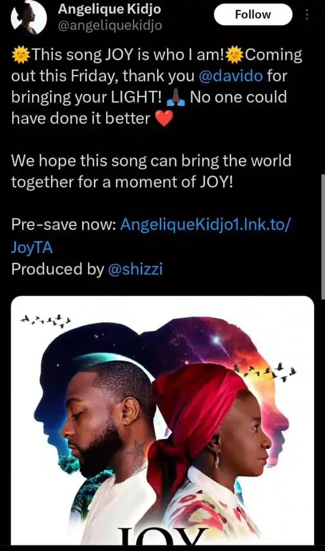 Reactions trail as Davido announces release date for new song with Angelique Kidjo