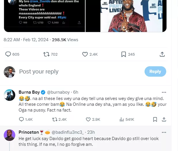 Burna Boy rubbishes Davido as 30BG fan reminds him of how OBO supported him when he was nobody