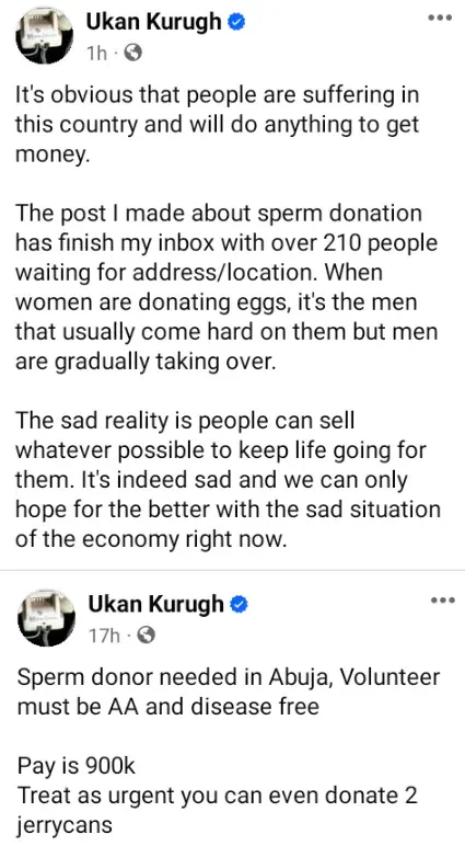 'The country is really hard' - Man shocked as over 200 Nigerian men volunteer to donate their sperm for cash