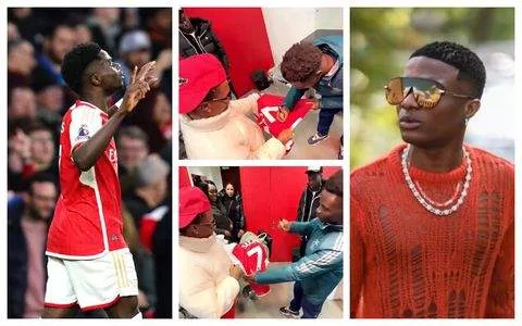 Star boy meets Star boy: Wizkid links up with Saka after Arsenal's win over Liverpool at the Emirates