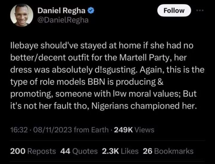 'BBN is producing role models with low moral values' - Daniel Regha criticizes Ilebaye's outfit to Davido's party