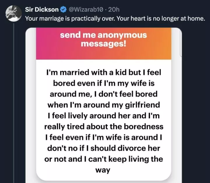 'I feel bored around my wife but happy with girlfriend' - Man seeks advice