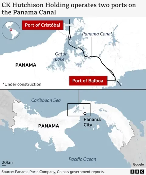 A map showing the location of the Panama Canal and the Port of Cristobal at the northern entrance to the canal and the Port of Balboa at its south entrance.