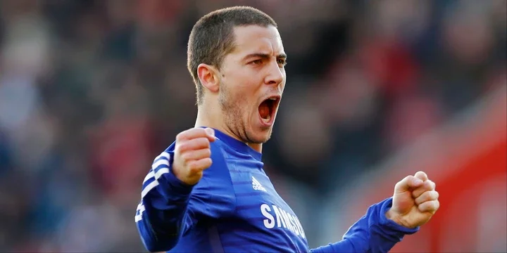 Eden Hazard celebrates scoring for Chelsea.