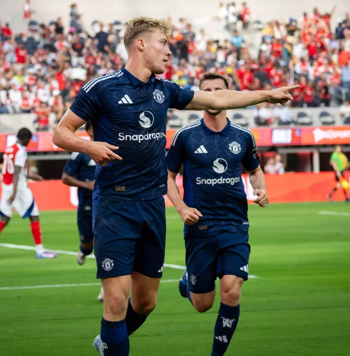 Rasmus Hojlund of Manchester United celebrates scoring their first goal during the pre-season friendly match between Manchester United and Arsenal ...