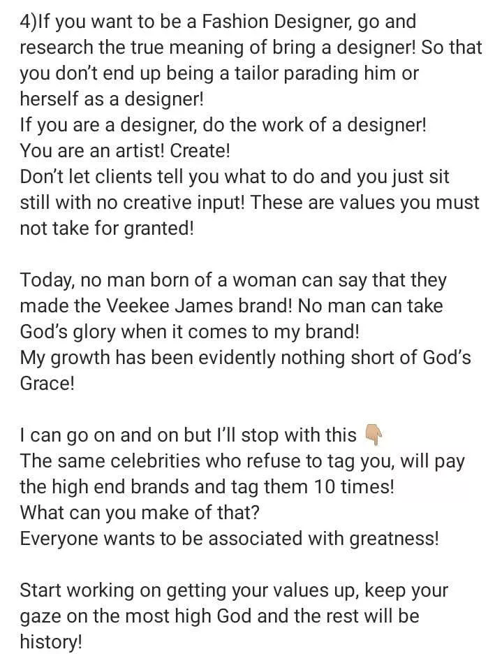 Veekee James offers advice to fellow designers amidst AMVCA outfit controversy