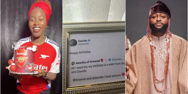 Arsenal fan frames 'tweet' as Davido makes her birthday wish come true