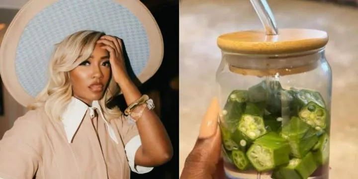 "Okro is about to get expensive" - Reactions as Tiwa Savage is spotted drinking Okro water