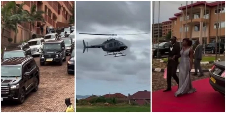 Video of secondary school students arriving graduation party in helicopter, convoy causes buzz online.