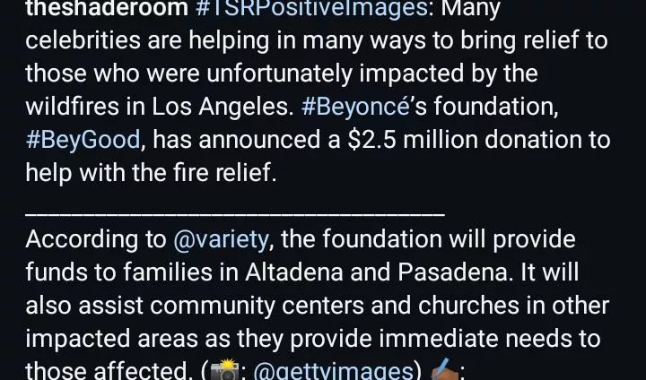 Beyonce donates $2.5M to California wildfire victims