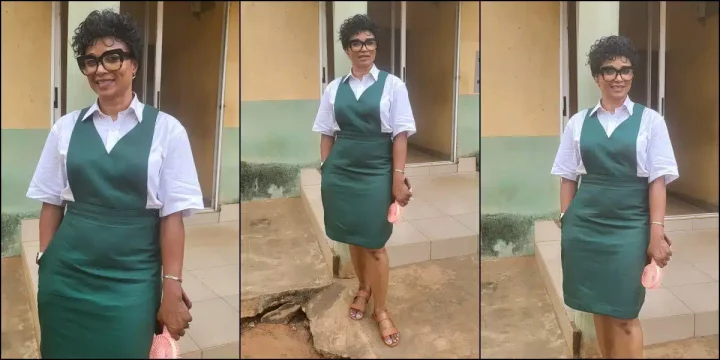 Woman dresses up in uniform as she attends her secondary school's 40th reunion