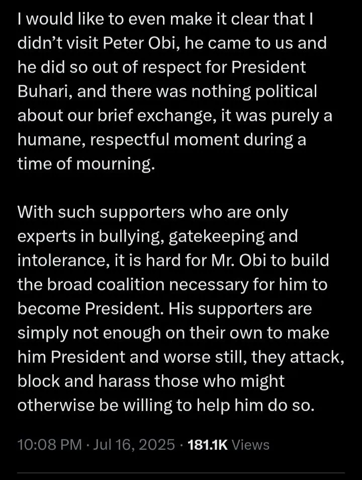 Bashir Ahmad shares his encounter after meeting Peter Obi at late Buhari's residence