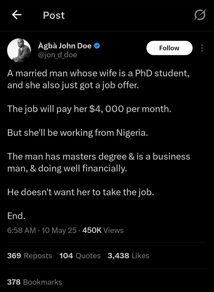 Wife rejects $4,000 remote job because it makes her husband uncomfortable