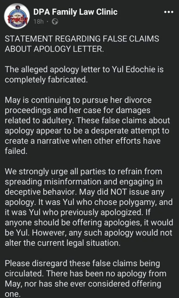 May Edochie's lawyer reacts to alleged apology letter to Yul