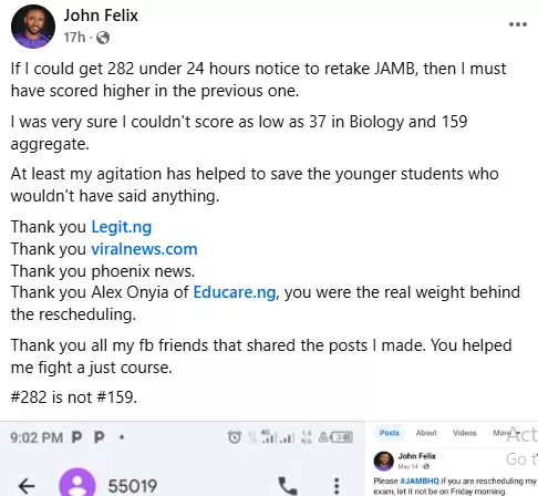JAMB resit: Biology teacher who scored 159 in UTME shares new result after retaking exam