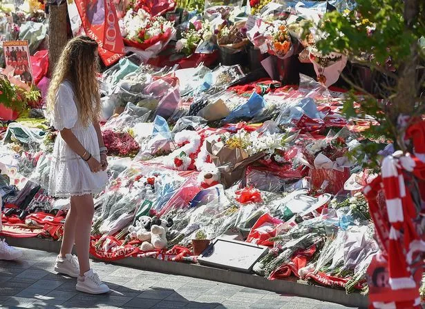 Diogo Jota's wife Rute Cardoso visited the floral tribute to her late husband in Liverpool on Friday
