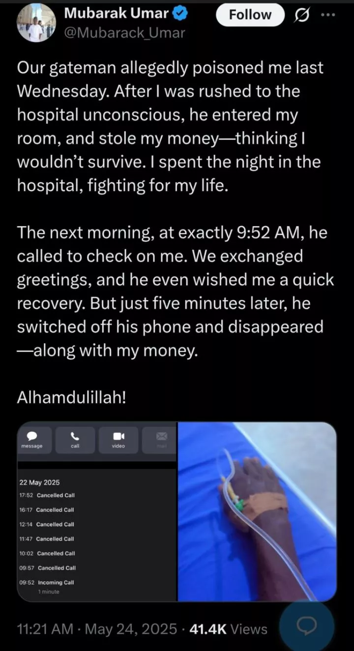 Gateman allegedly poisons employer, steals cash after he was rushed to hospital