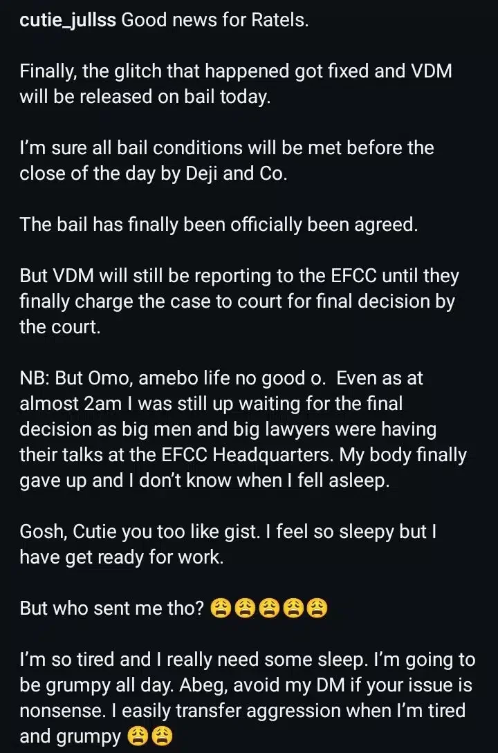 Details about the alleged bail release date for Verydarkman