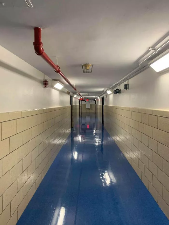 The Color Scheme Of This Hallway Makes It Look Like It Has Flooded And Is Full Of Water On The Floor