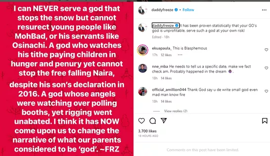 'I can't serve a god that can't resurrect people like Mohbad and Osinachi' - Daddy Freeze