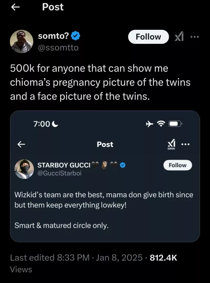 Man offers ₦500k to anyone who can provide photos of Chioma's pregnancy and her twins' faces