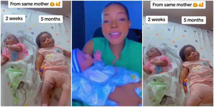 'Superfetation or Irish Twins?'- Nigerian woman stuns many with rare birth of babies; one 5 months old and other 2 weeks old