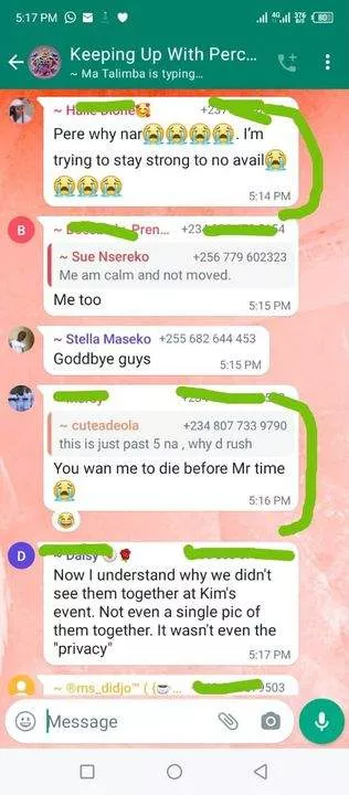 'My BP is going up' - WhatsApp chat from Percy shippers leaks few minutes after Pere disassociated himself from Mercy Eke