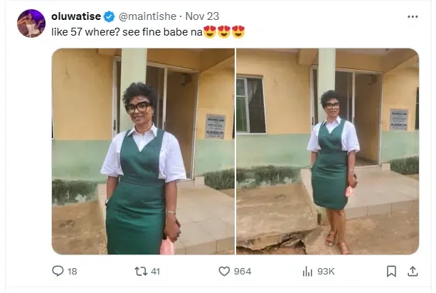 Woman dresses up in uniform as she attends her secondary school's 40th reunion