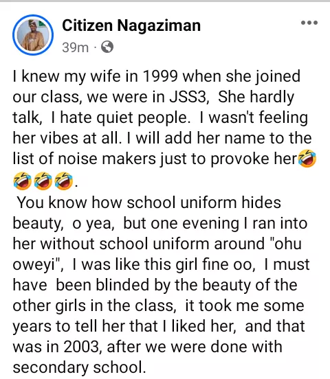 I used to add her name to list of noise makers to provoke her - Nigerian man who married his secondary school classmate writes as they celebrate wedding anniversary