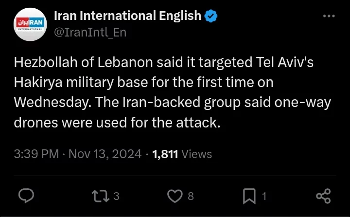 Hezbollah Targets Tel Aviv's Hakirya Military Base for The First Time