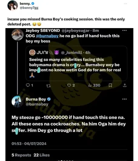 Burna Boy shades Davido after an alleged 30BG fan accused him of being 'impotent'