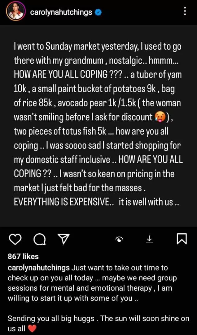 Caroline Danjuma checks up on Nigerians as she laments cost of food items