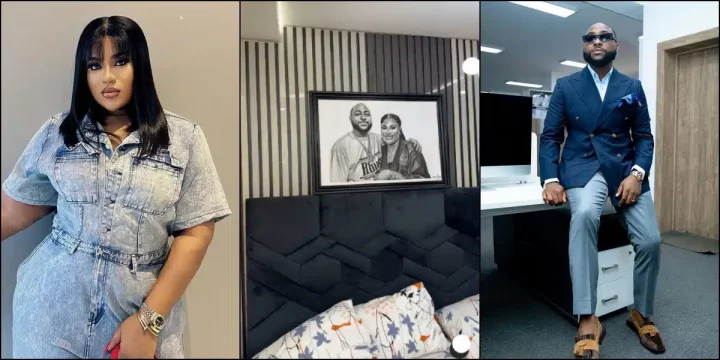 Nkechi Blessing sparks reactions as she hangs artwork of herself and Davido in her bedroom