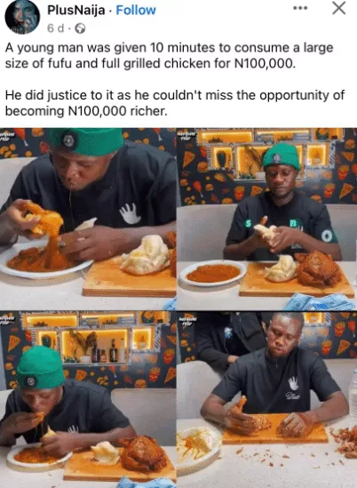 Moment man devours large portions of Fufu with full grilled chicken in under 10 minutes to win N100k