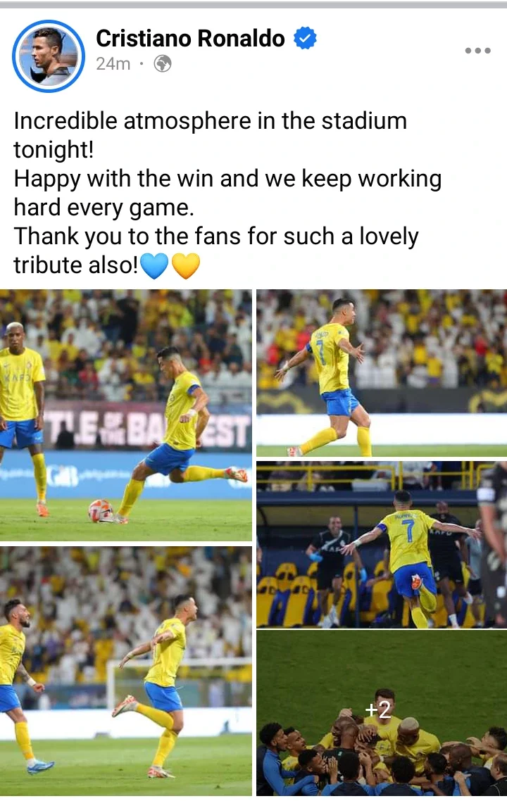 Reactions as Cristiano Ronaldo thanks Al Nassr fans for their tribute to him during Damac FC game.