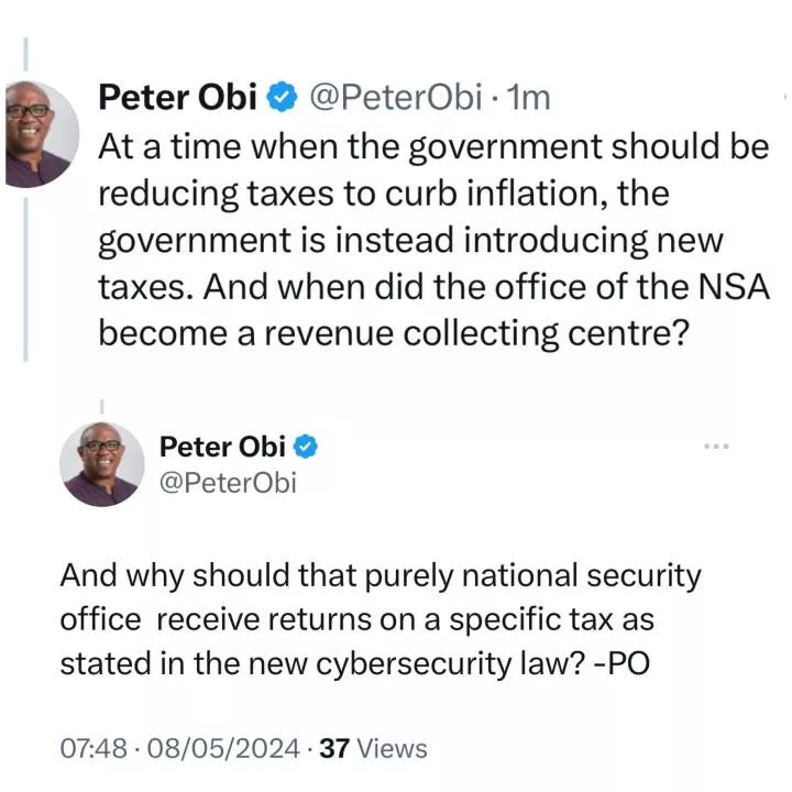 Introduction of Cybersecurity Levy is further proof that the government is more interested in milking a dying economy instead of nurturing it to recovery - Peter Obi