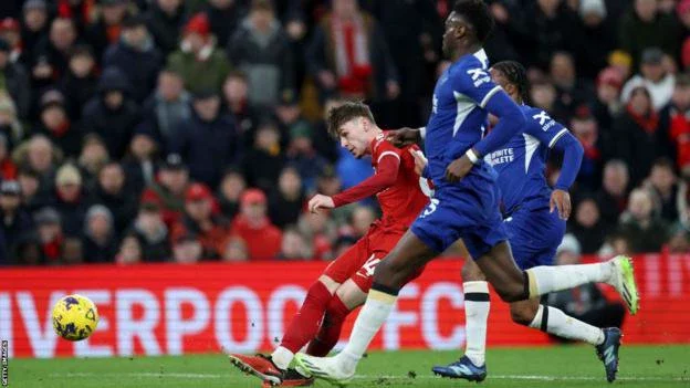 Conor Bradley scores against Chelsea for his first Liverpool goal